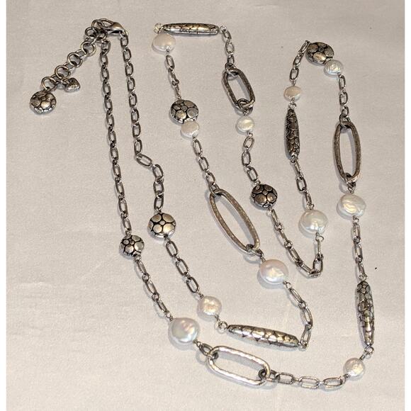 Brighton PEBBLE PEARL Long Chain Necklace Silver Oval Links White Pearls - Picture 1 of 7